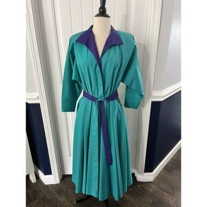 Vintage Willi of California‎ Teal Purple Shirt Dress Belt Size 10 Secretary D30